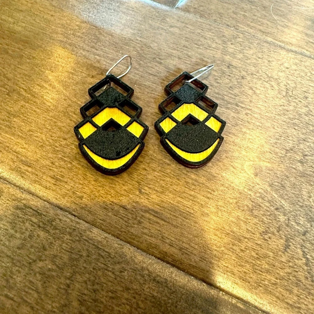 Laser cut geometric design black wood drop earrings